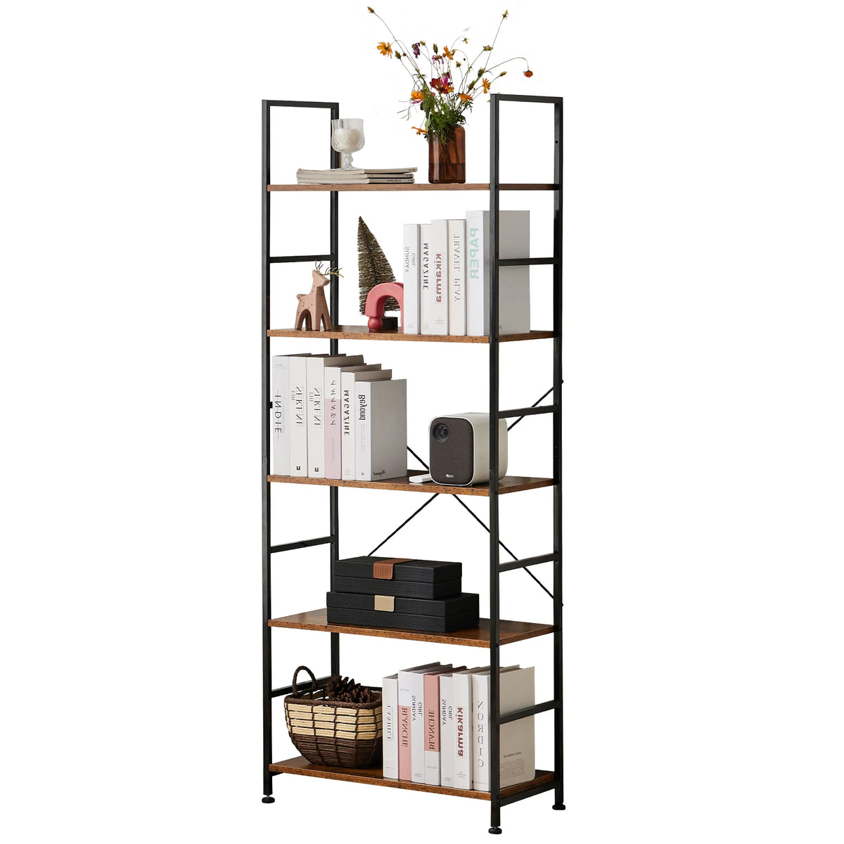 JHK Modern Five Tier Metal Bookshelf Corner Storage Organizer