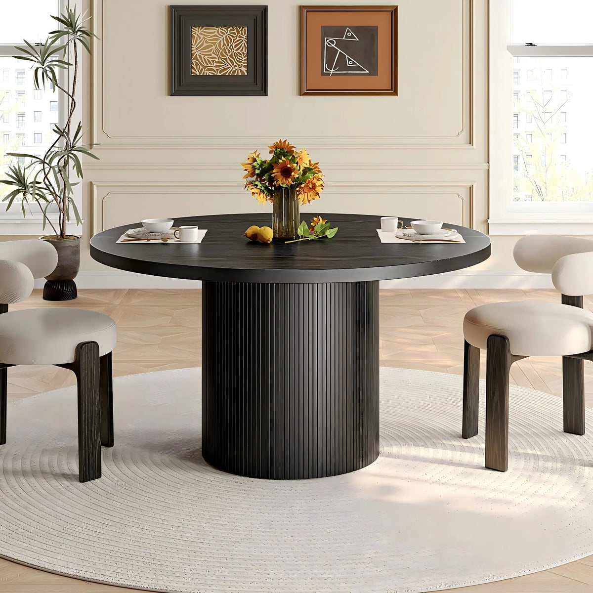 ONBRILL Modern Fluted Wood Round Dining Table For Kitchen