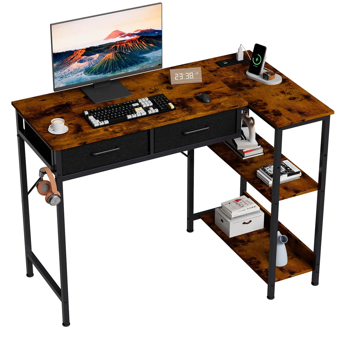 HiMISS L Shaped Gaming Desk With Power Outlet And Drawers