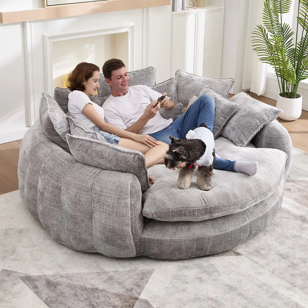 Modern Chenille Cloud Sleeper Sofa With Round Chaise And Pillows