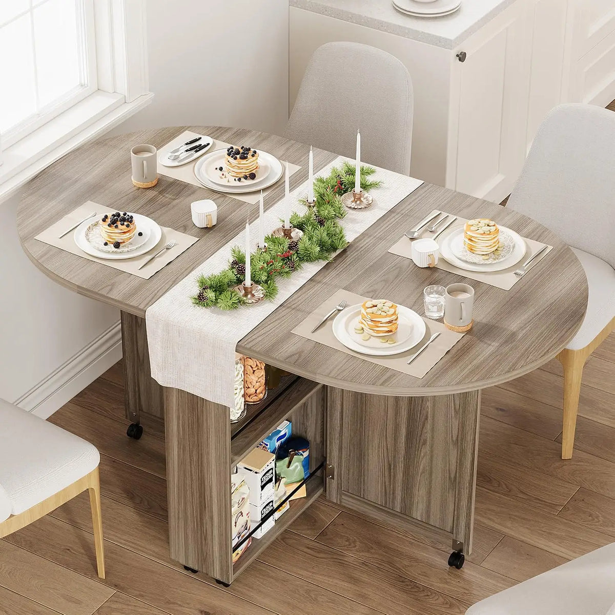 HiMISS Folding Dining Table With Wine Rack Drawer And Casters