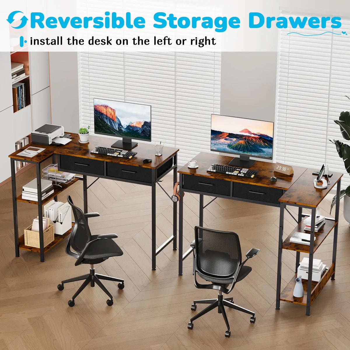 HiMISS L Shaped Gaming Desk With Power Outlet And Drawers