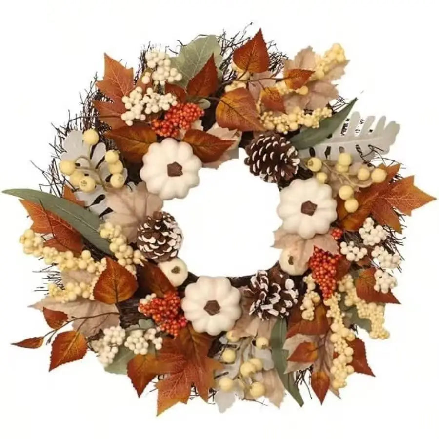 Thanksgiving Autumn Wreath With Pumpkins Pinecones Berries And Maple Leaves