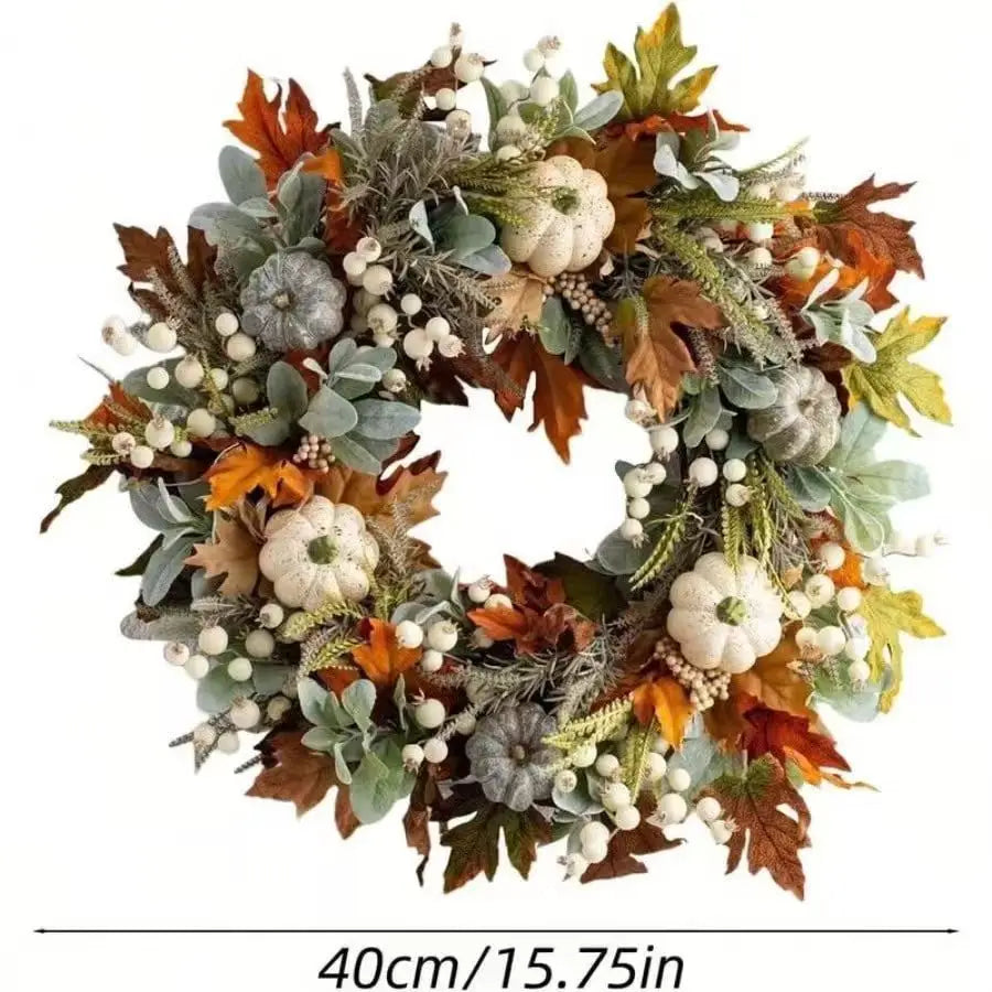 Thanksgiving Autumn Wreath With Pumpkins Pinecones Berries And Maple Leaves