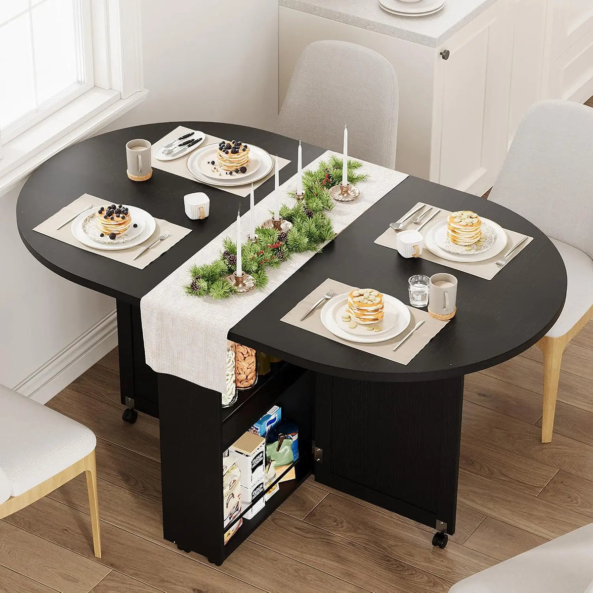 HiMISS Folding Dining Table With Wine Rack Drawer And Casters