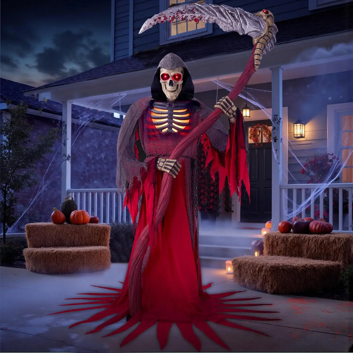 Animatronics Grim Reaper Halloween Skeleton Decor With Scythe And Sensor