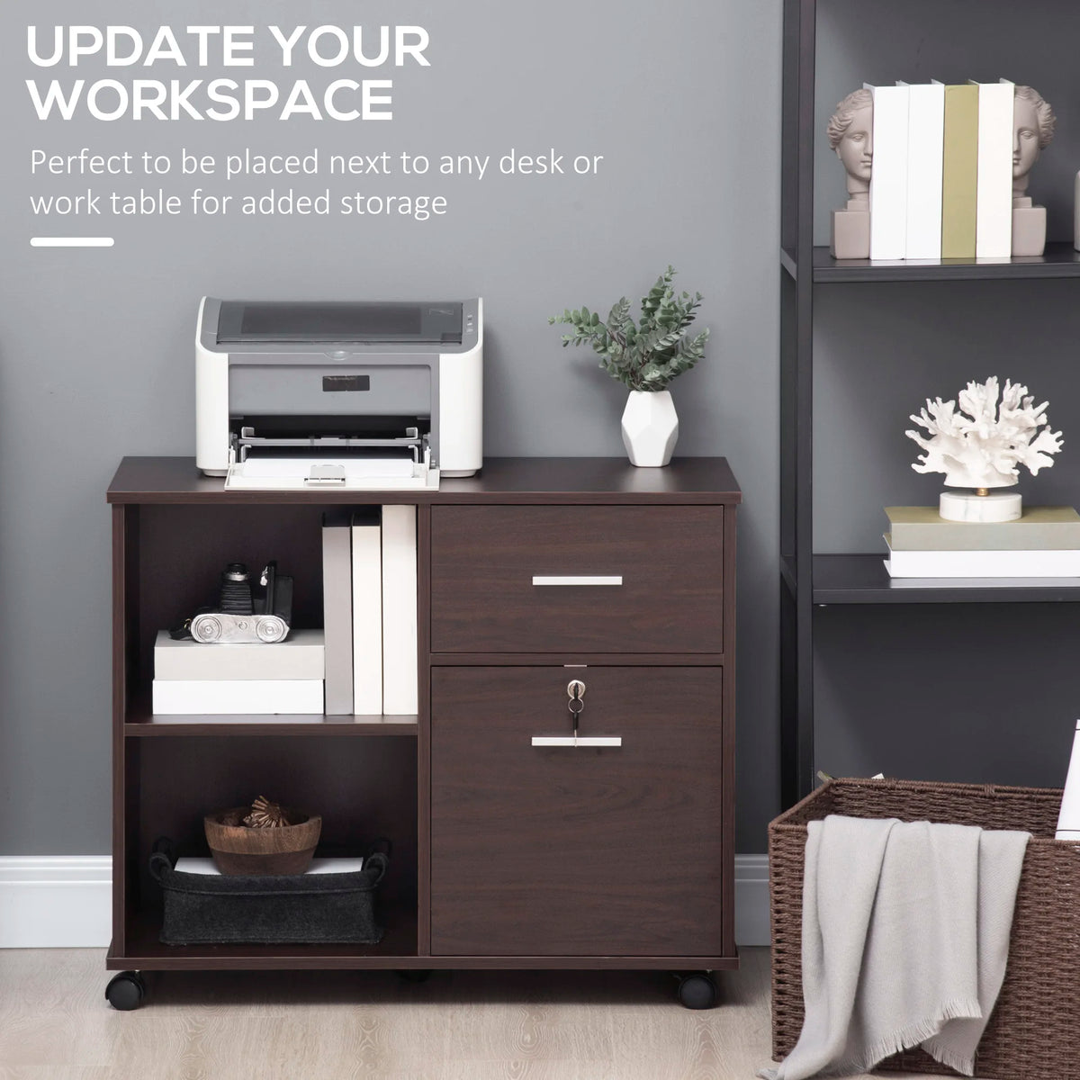 Mobile Lateral File Cabinet With Open Shelves And Utility Drawers