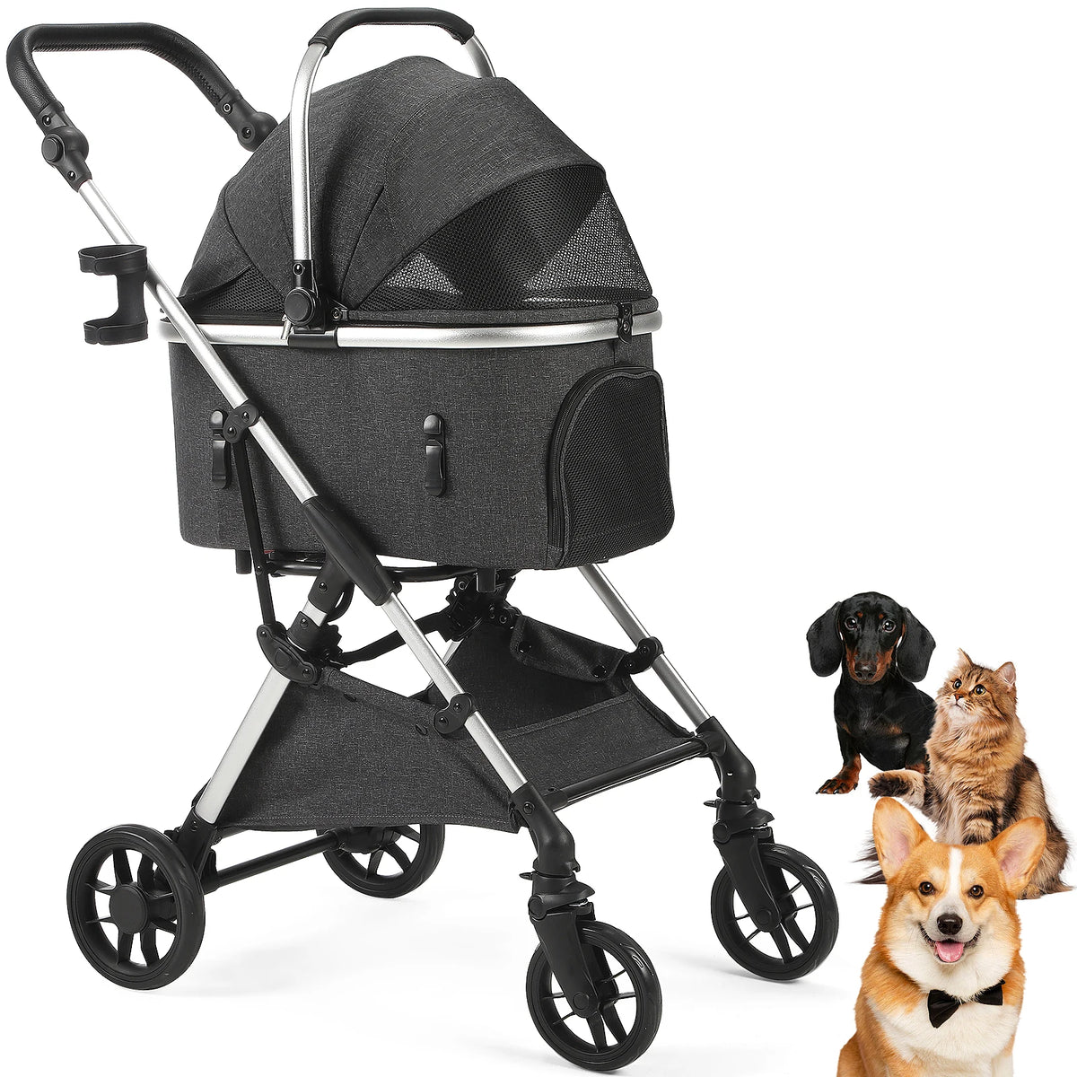 Lightweight Portable Pet Stroller With Quick Fold And Swivel Wheels