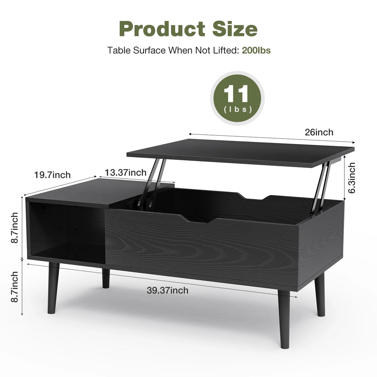 JHK Lift Top Coffee Table With Adjustable Storage Shelf