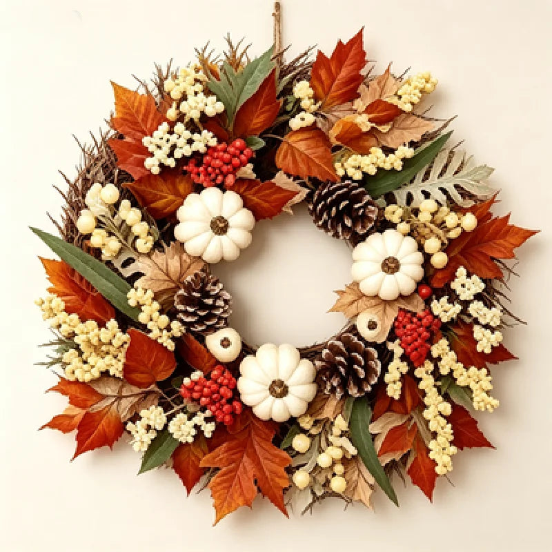 Thanksgiving Autumn Wreath With Pumpkins Pinecones Berries And Maple Leaves