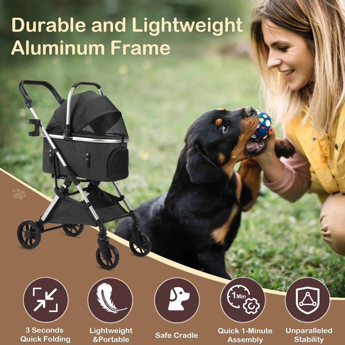 Lightweight Portable Pet Stroller With Quick Fold And Swivel Wheels