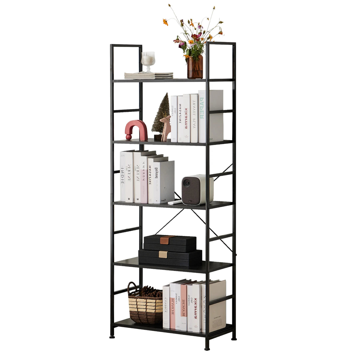JHK Modern Five Tier Metal Bookshelf Corner Storage Organizer
