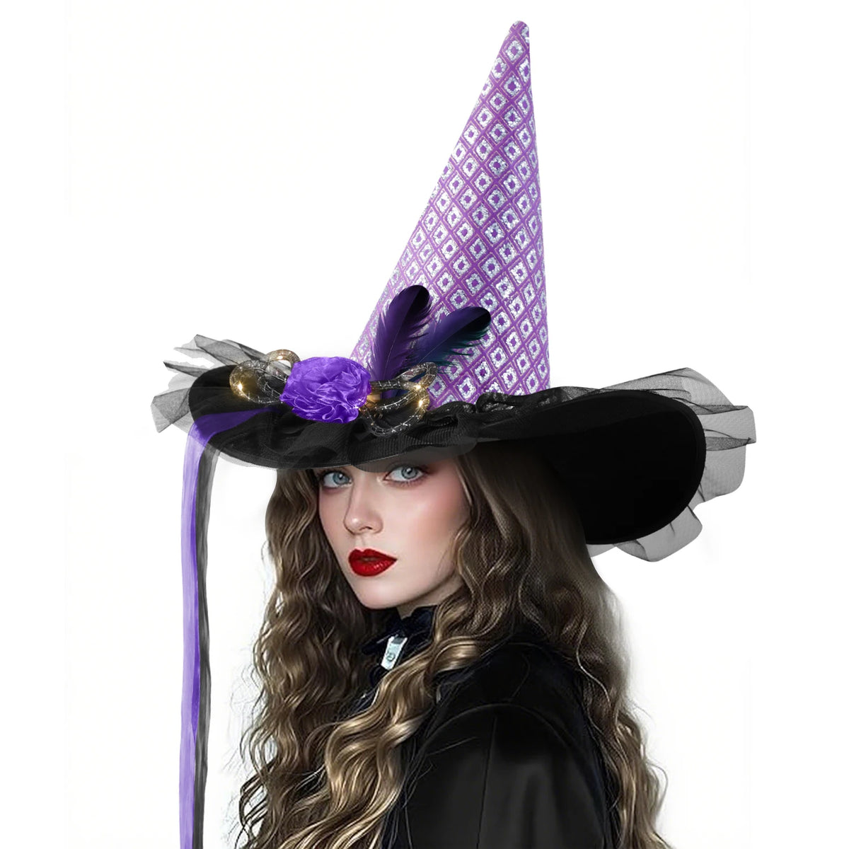 Womens Halloween Witch Hat With Lace And Decorative Accents Outfit Accessory