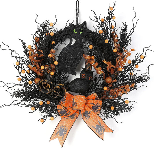 Twister Ck Gothic Halloween Wreath With Owl And Cat Decoration
