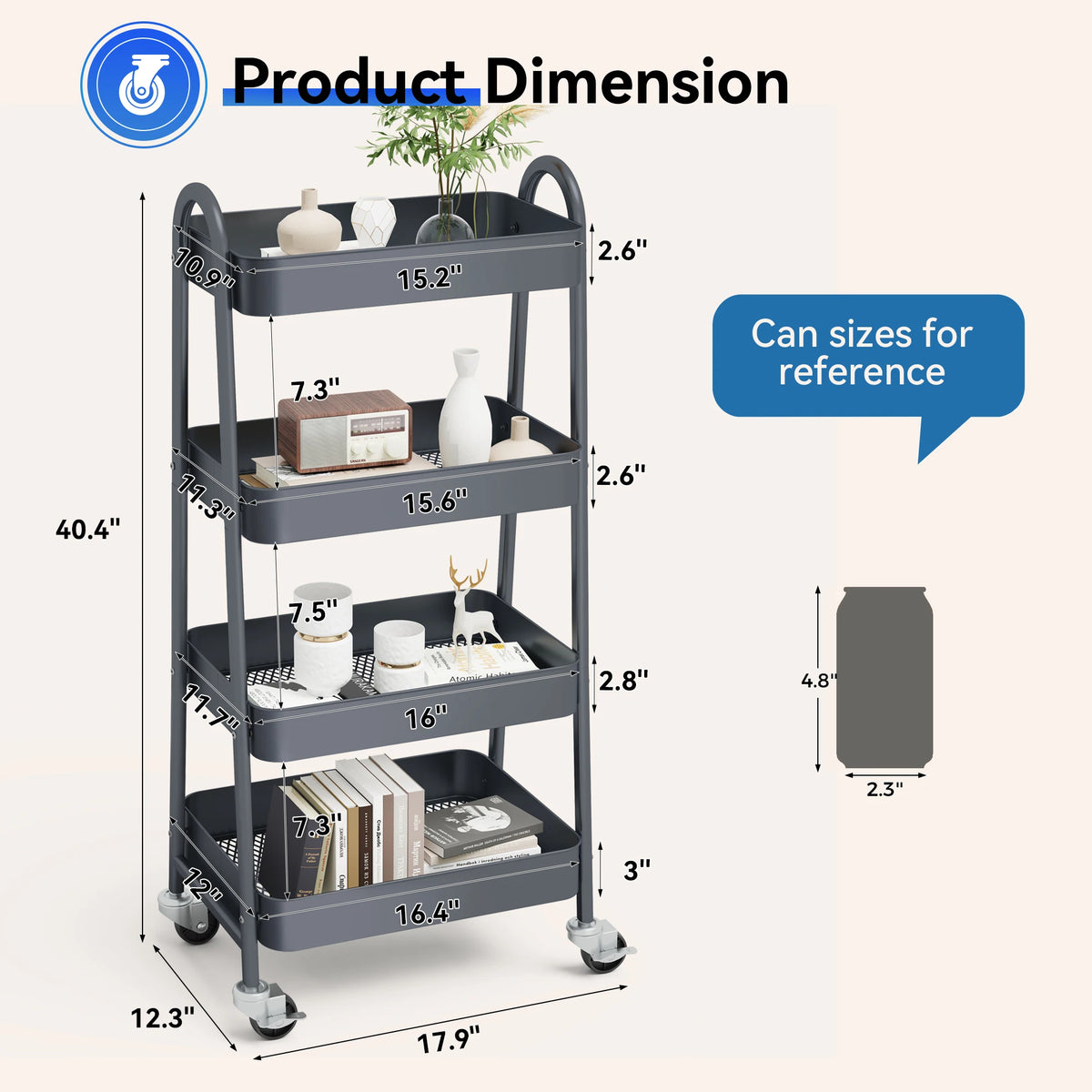 Jhk Four Tier Rolling Metal Utility Storage Cart With Casters