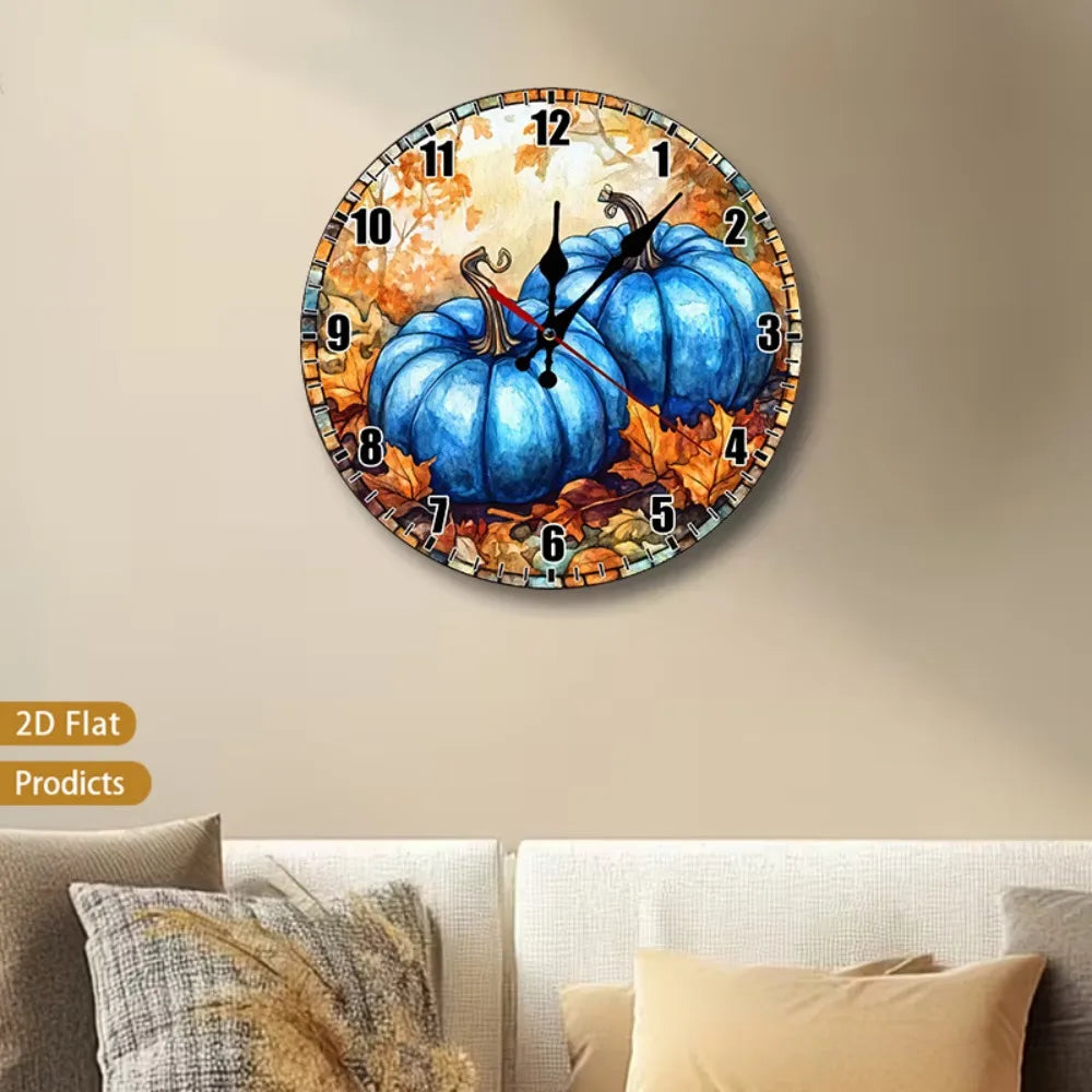 Silent Pumpkin Autumn Leaves Wall Clock Framed Nursery Decor
