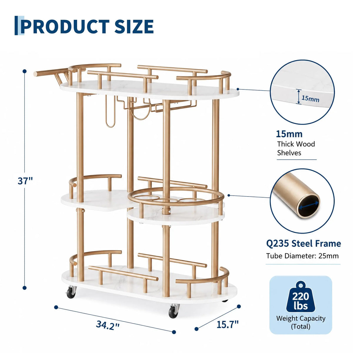 Himiss Rolling Serving Bar Cart With Wine Rack Shelf