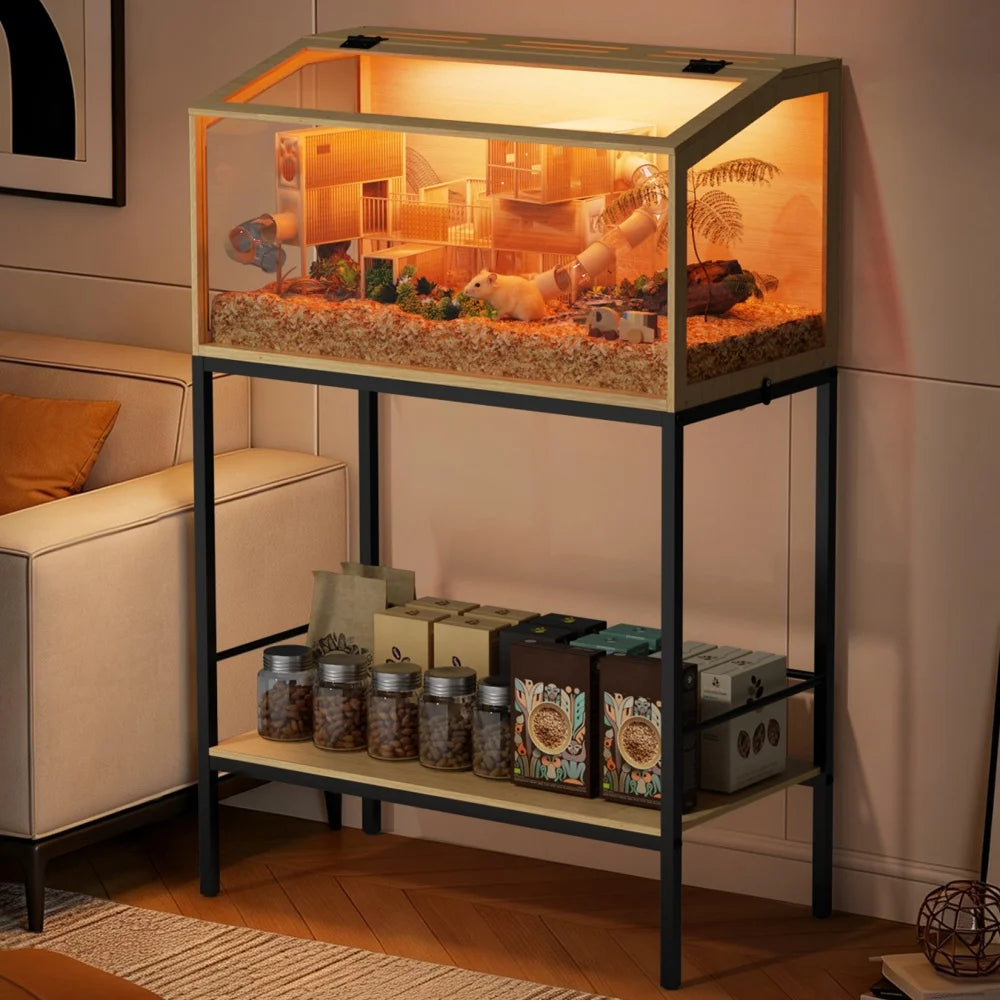 Bingopaw Elevated Wooden Hamster Cage With Storage Shelf LED Light