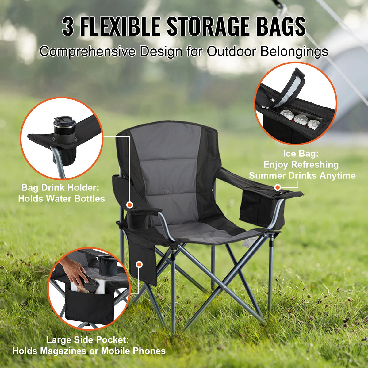 Vevor Portable Folding Chair With Padded Back And Side Pockets