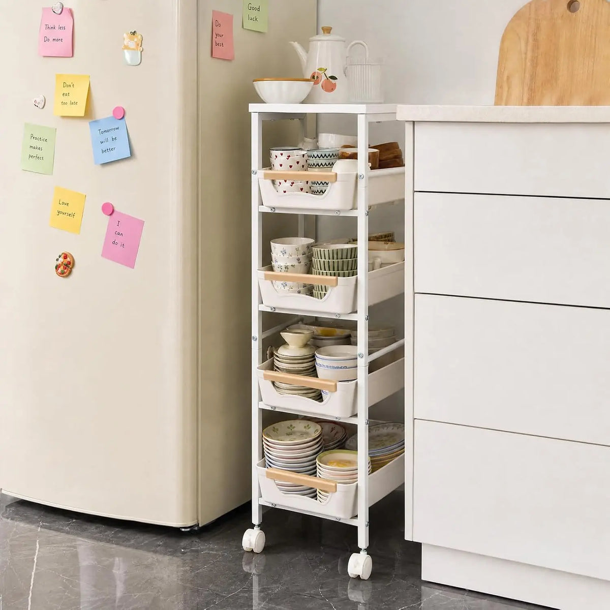HiMiss 5 Tier Rolling Storage Cart With Wooden Top Rack
