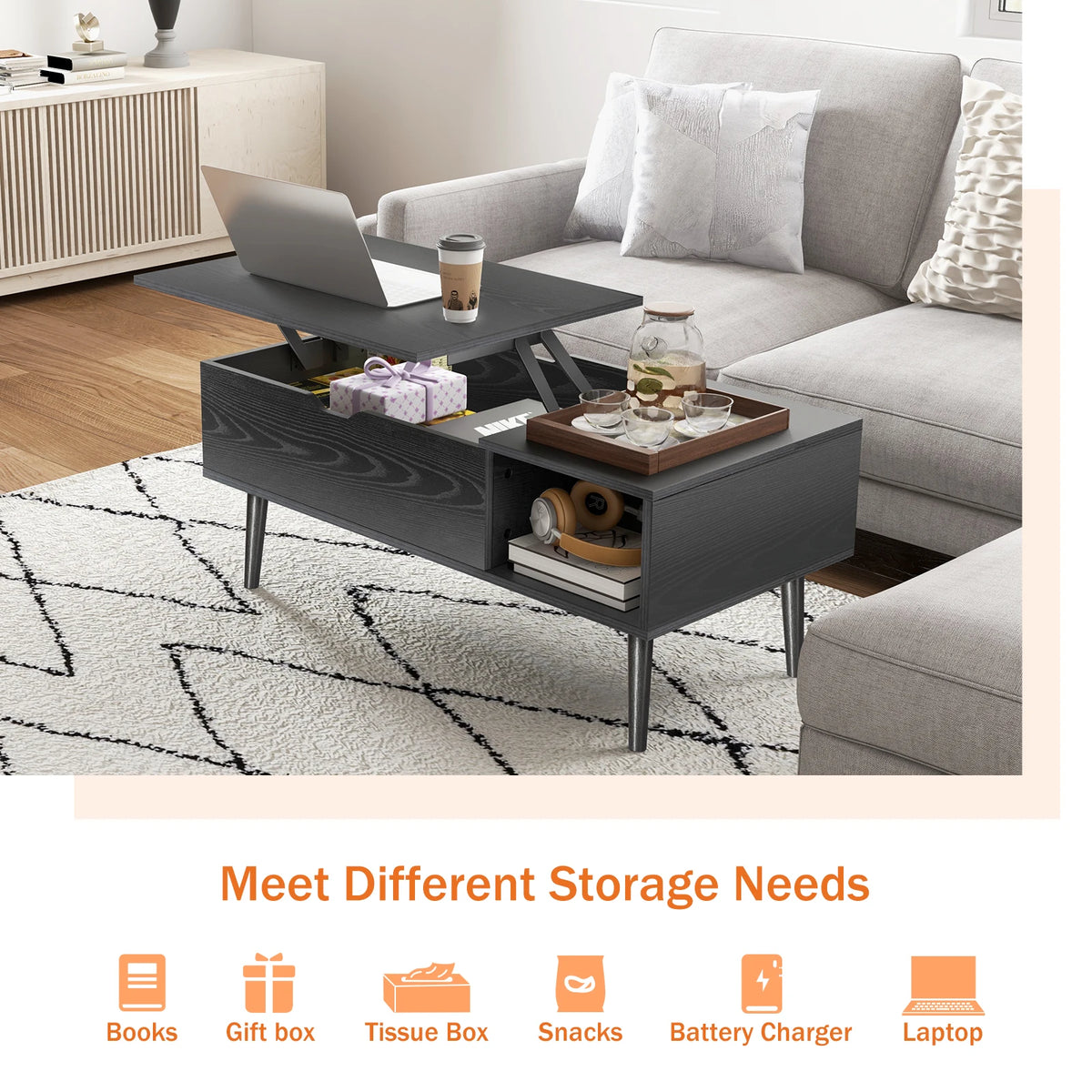JHK Lift Top Coffee Table With Adjustable Storage Shelf