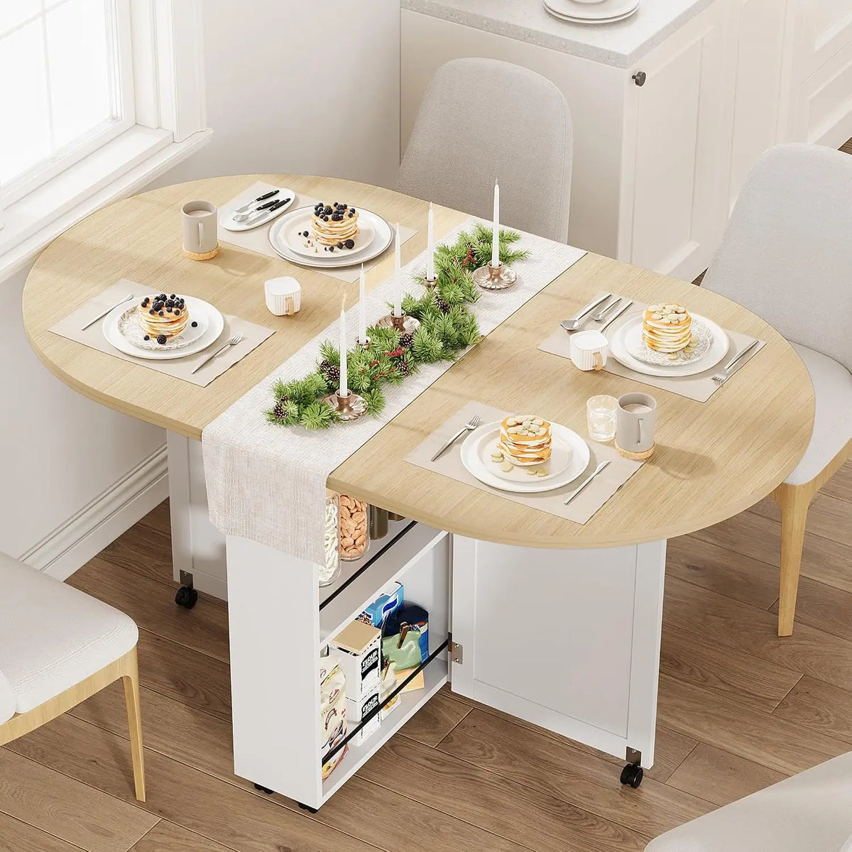 HiMISS Folding Dining Table With Wine Rack Drawer And Casters