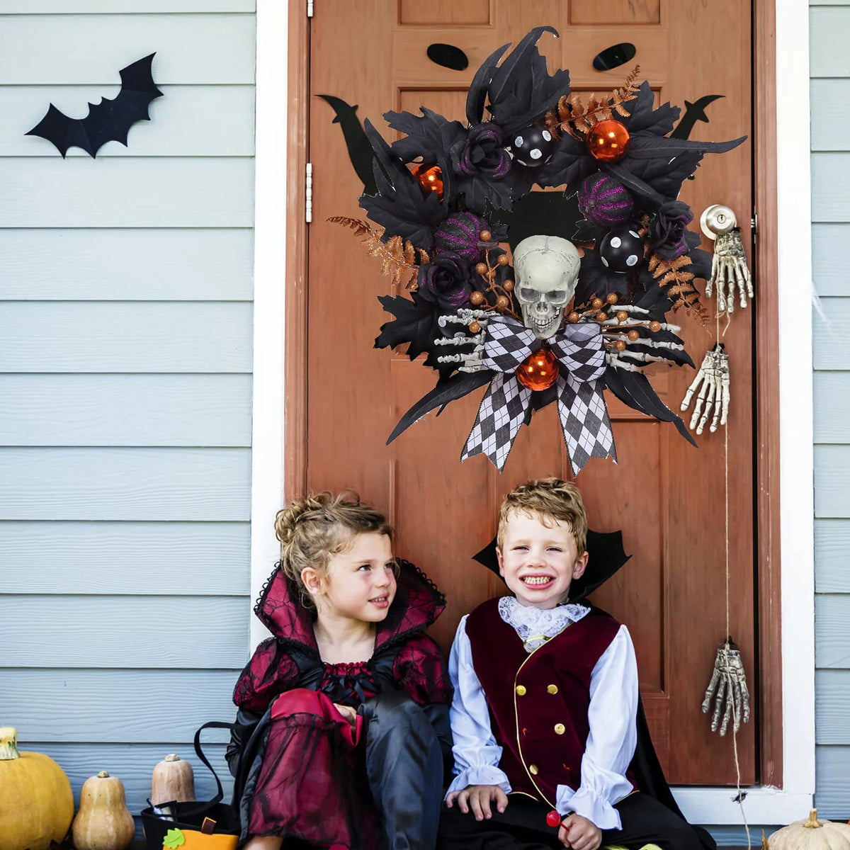 HiMISS Gothic Skeleton Halloween Wreath With Skull Hands And Pumpkins