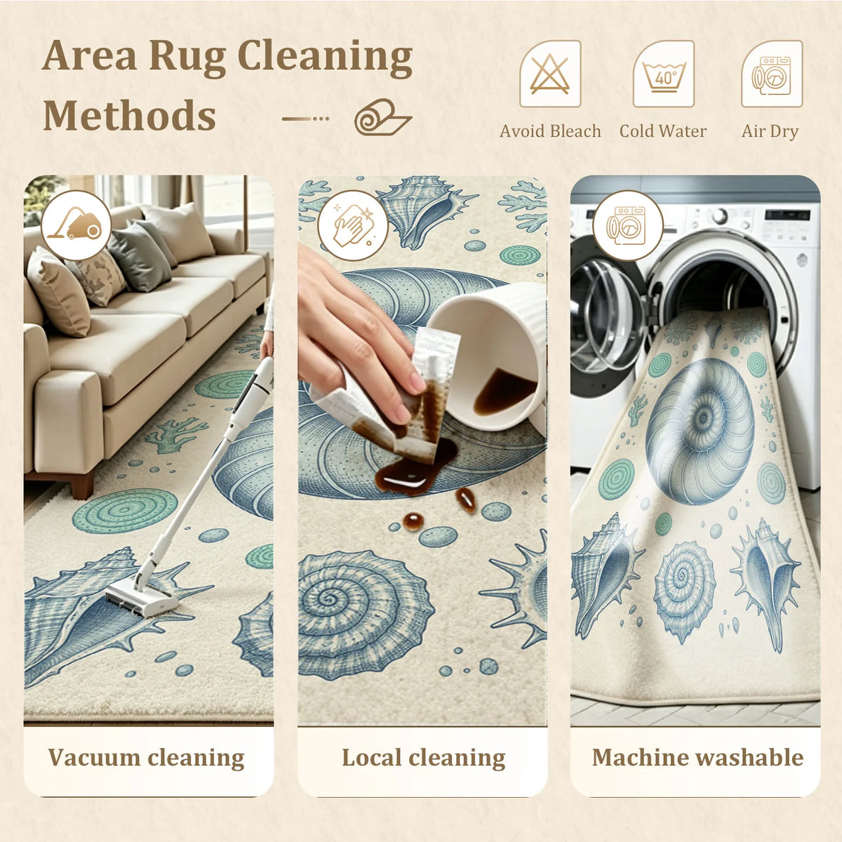 Coastal Seashell Nautilus Coral Velvet Washable Area Rug for Home