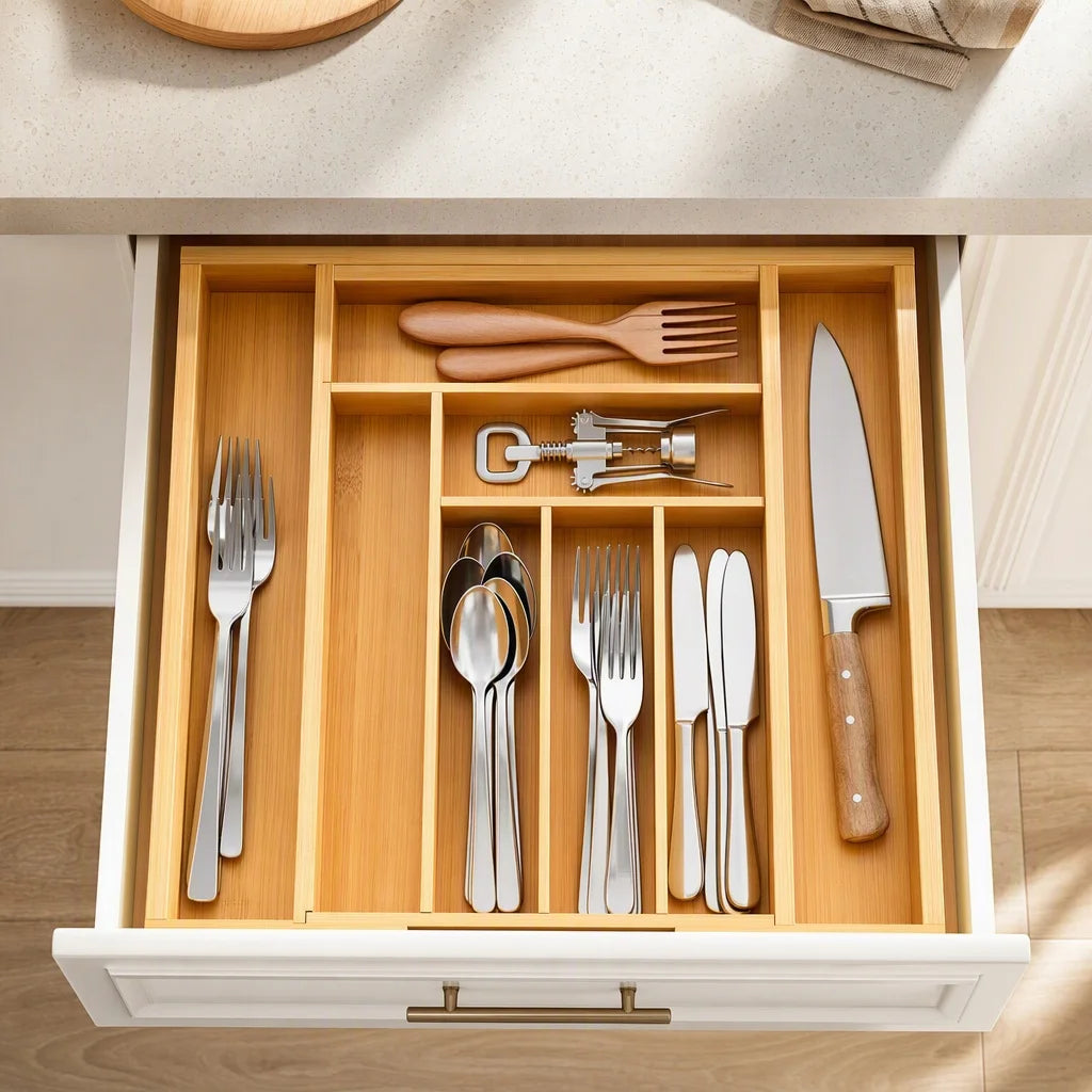 Bamboo Expandable Drawer Organizer For Utensils And Silverware Trays