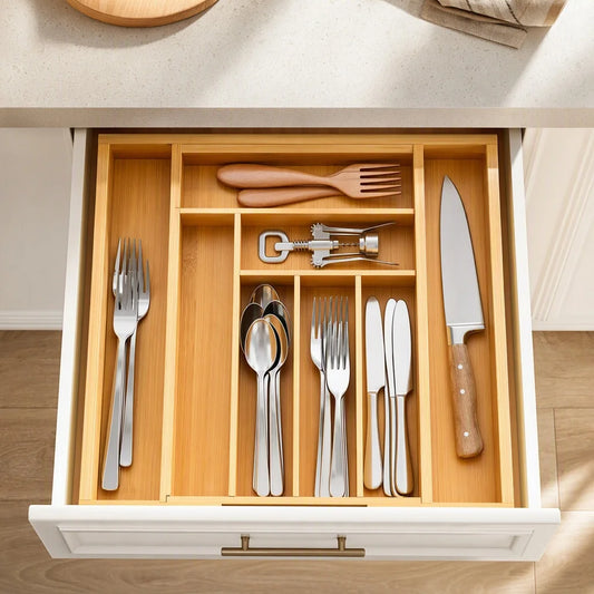 Bamboo Expandable Drawer Organizer For Utensils And Silverware Trays