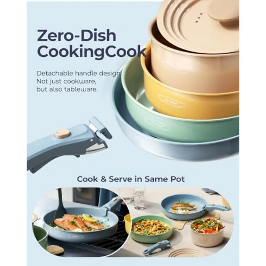 Ceramic Nonstick Cookware Set With Detachable Handle And Storage Bag