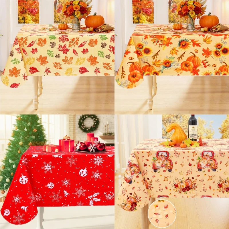 Waterproof PVC Fitted Tablecloth With Floral Pumpkin Christmas Pattern