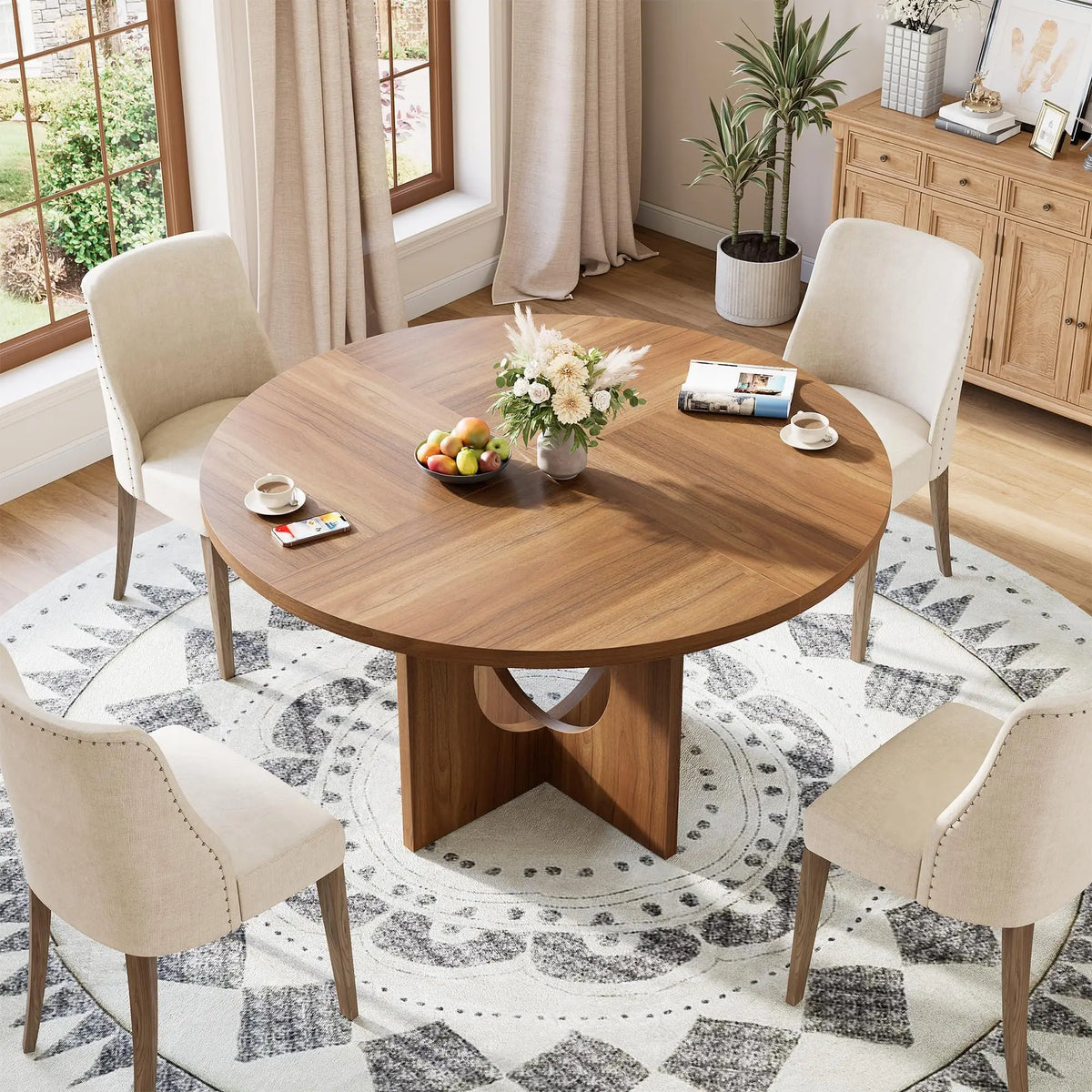 Farmhouse Round Dining Table With Wooden Pedestal Base