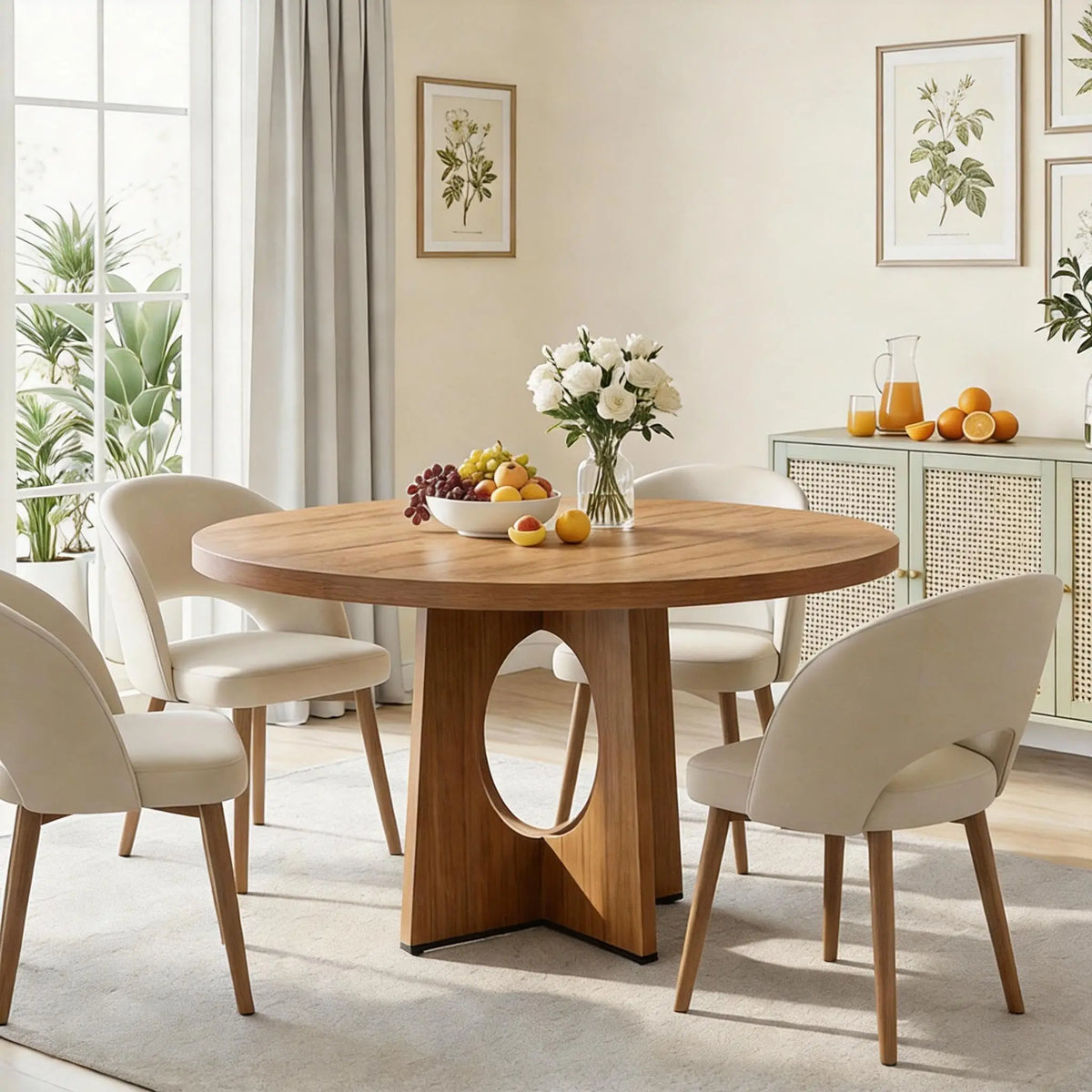Farmhouse Round Dining Table With Wooden Pedestal Base
