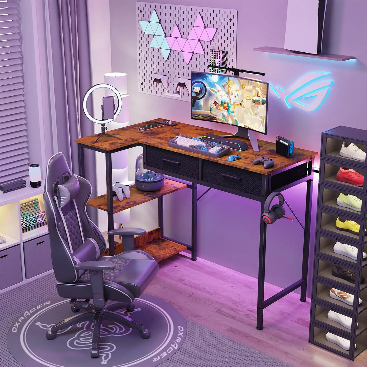 HiMISS L Shaped Gaming Desk With Power Outlet And Drawers