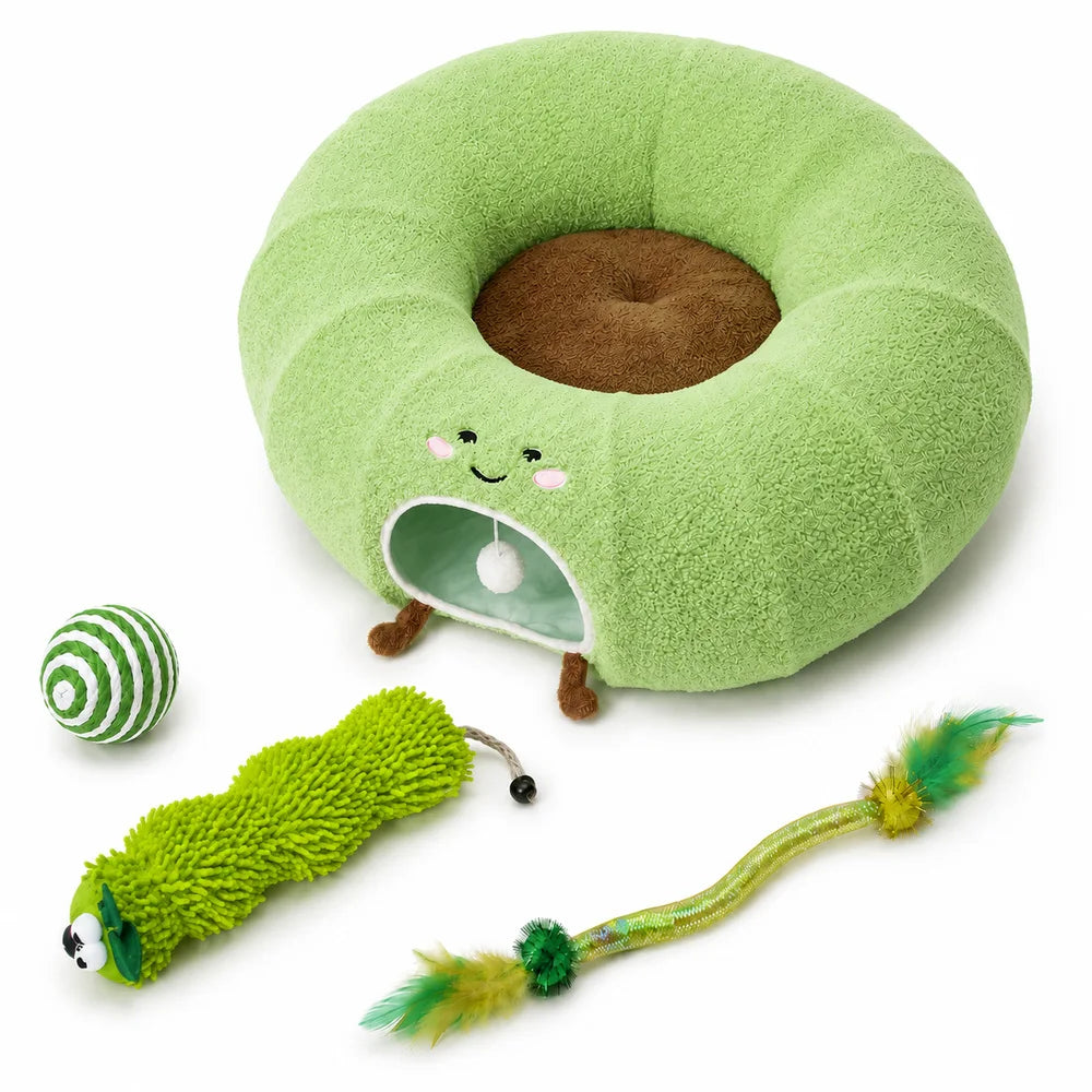 Convertible Cat Tunnel Bed With Plush Cushion And Hanging Ball