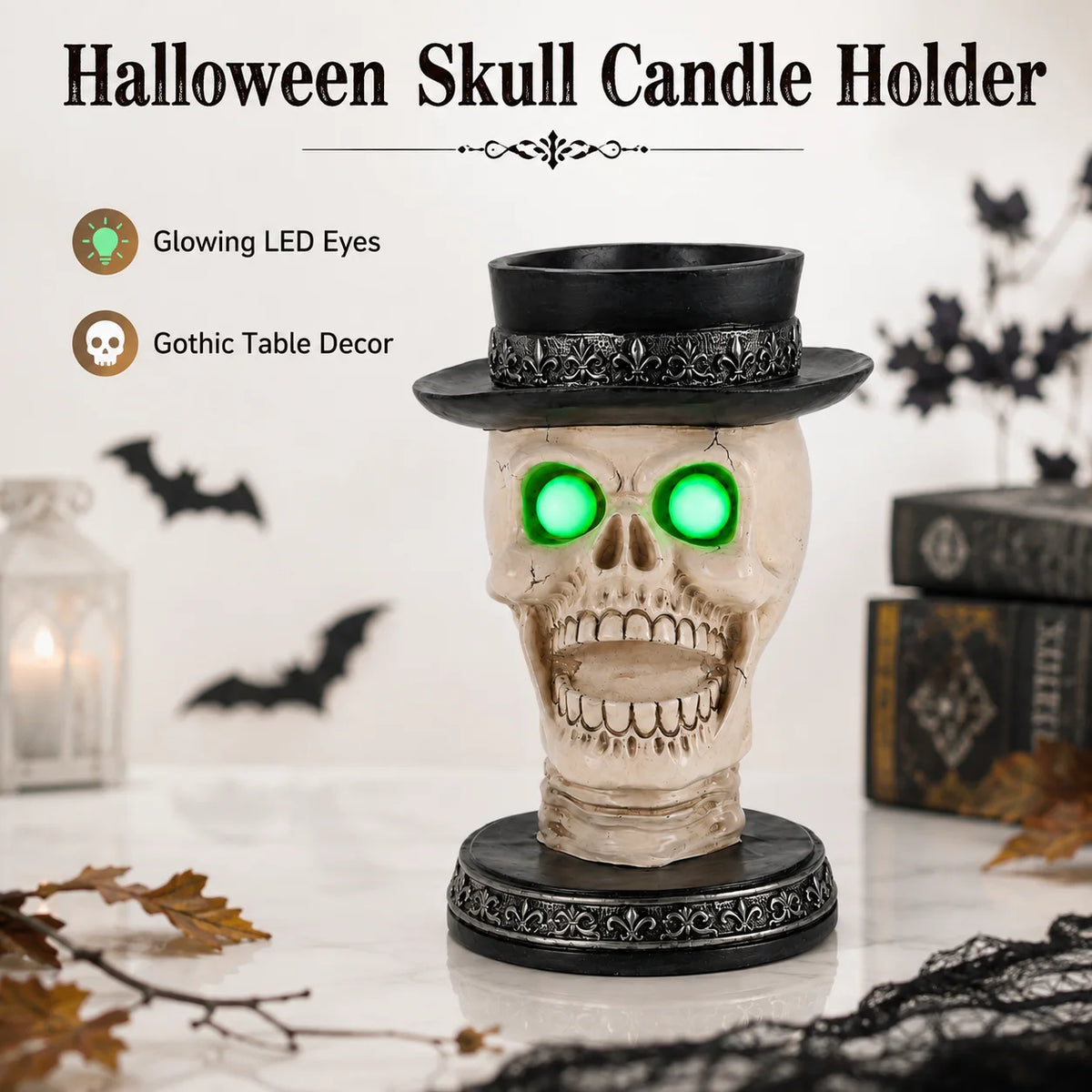 Halloween Gothic Skull Candle Holder LED Glowing Eyes Tabletop Decor