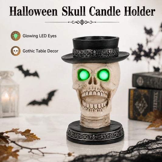 Halloween Gothic Skull Candle Holder LED Glowing Eyes Tabletop Decor