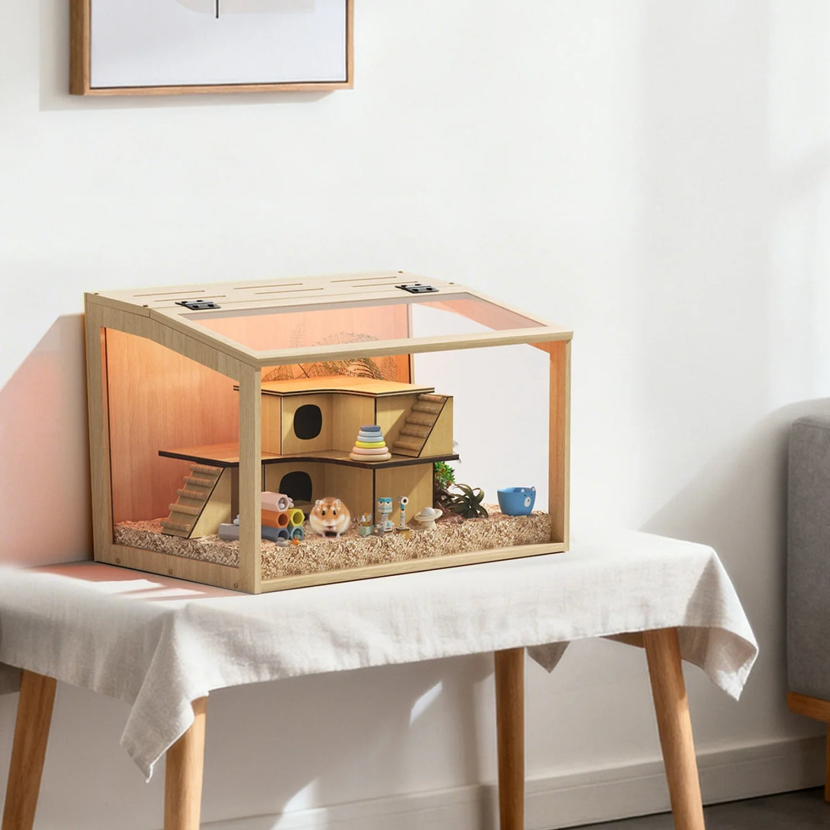 Wooden Hamster Cage Cabinet With Built In LED Light