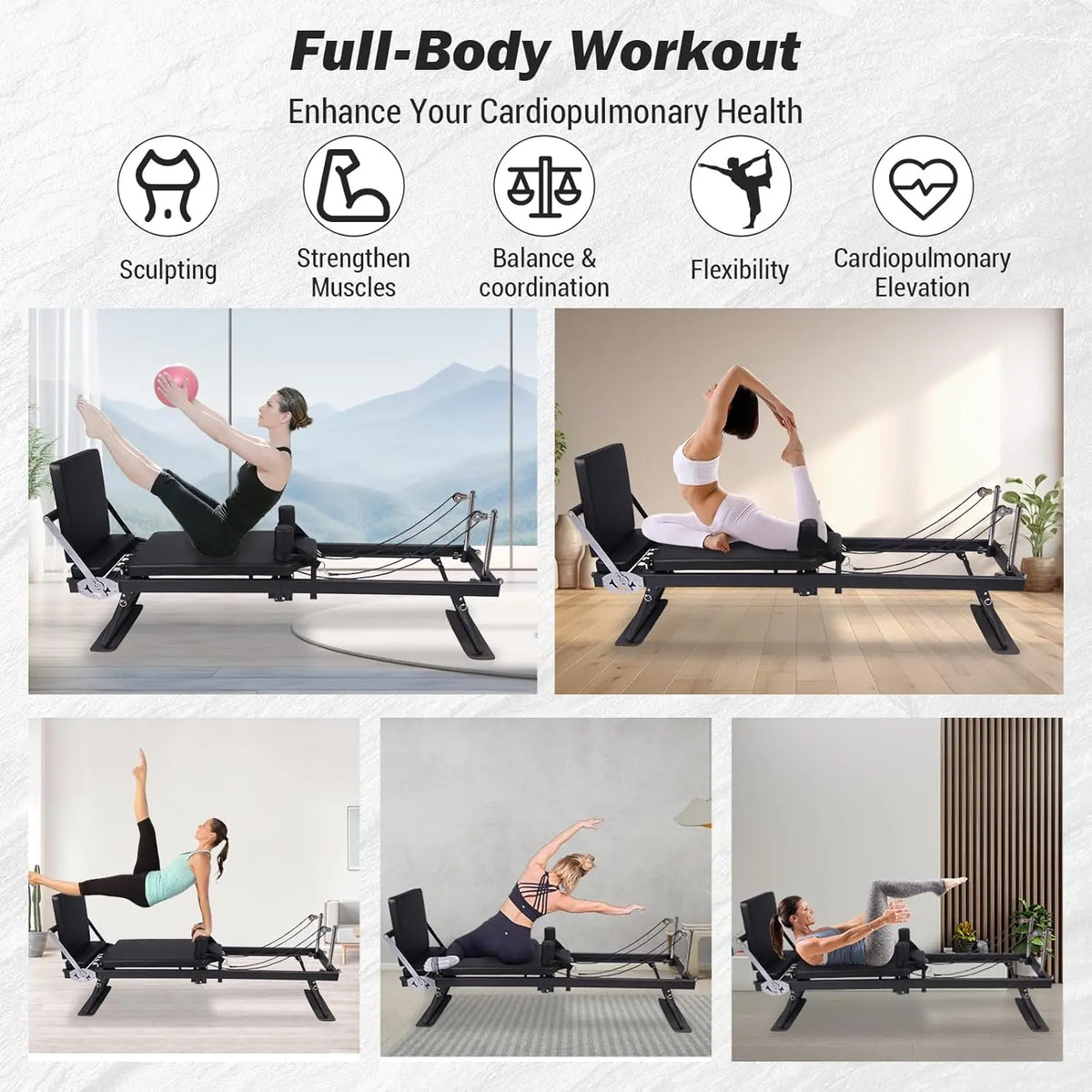 HiMiss Foldable Pilates Reformer Machine With Adjustable Springs