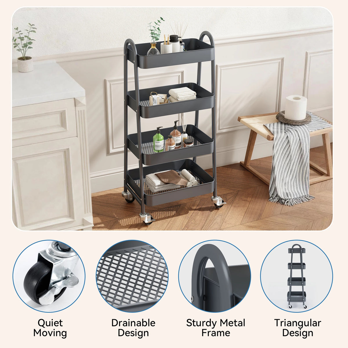 Jhk Four Tier Rolling Metal Utility Storage Cart With Casters