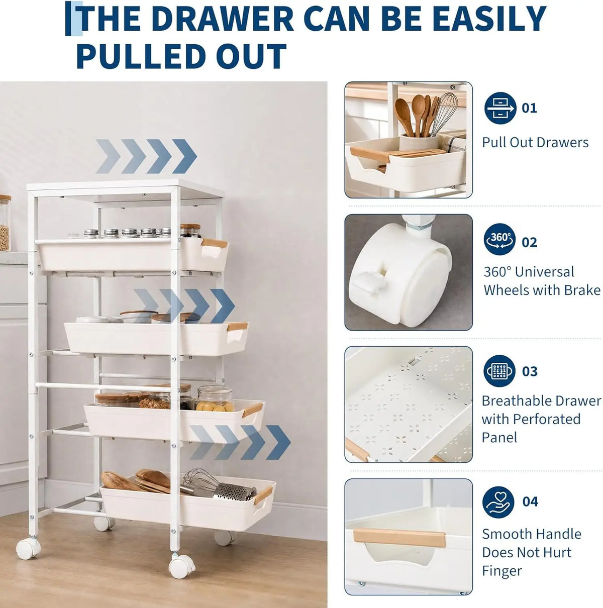 HiMiss 5 Tier Rolling Storage Cart With Wooden Top Rack