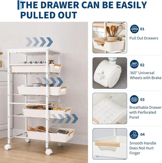 HiMiss 5 Tier Rolling Storage Cart With Wooden Top Rack