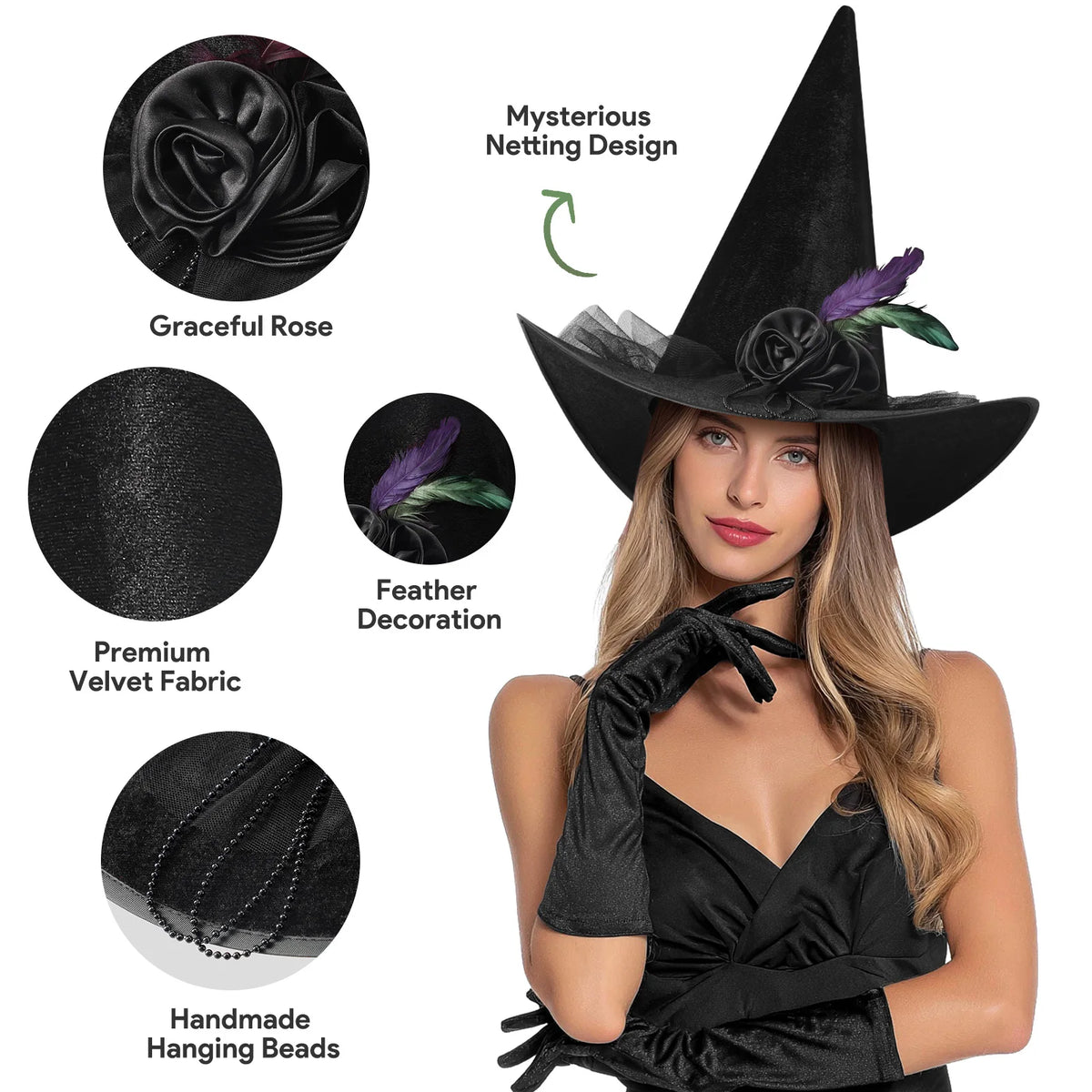 Womens Halloween Witch Hat With Lace And Decorative Accents Outfit Accessory