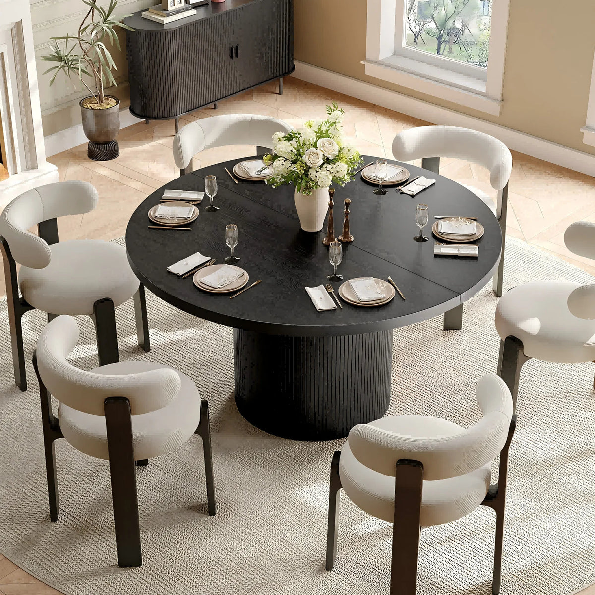 ONBRILL Modern Fluted Wood Round Dining Table For Kitchen