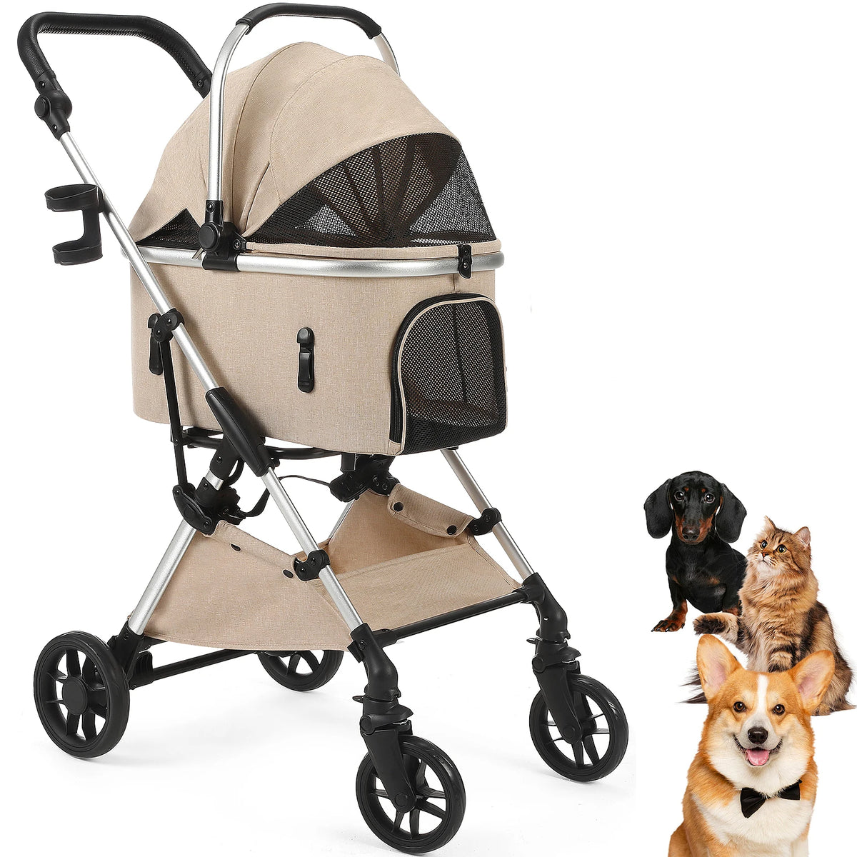 Lightweight Portable Pet Stroller With Quick Fold And Swivel Wheels