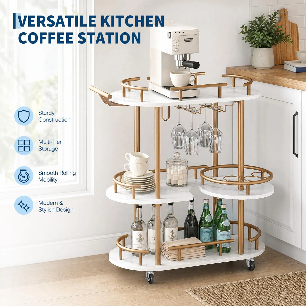 Himiss Rolling Serving Bar Cart With Wine Rack Shelf