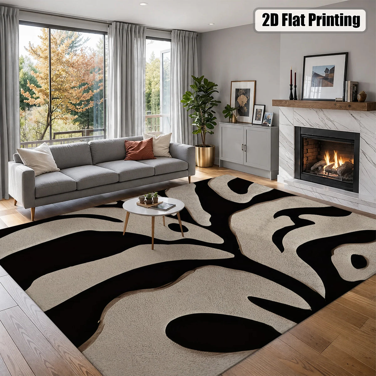Machine Washable Abstract Leaf Area Rug With Non Slip Backing