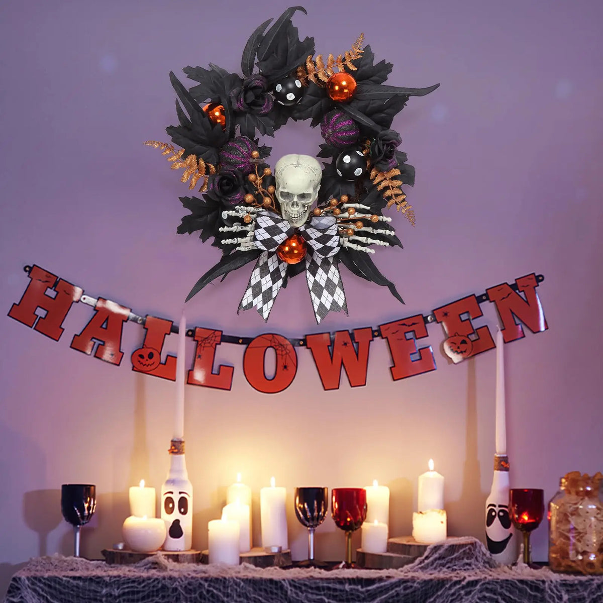HiMISS Gothic Skeleton Halloween Wreath With Skull Hands And Pumpkins