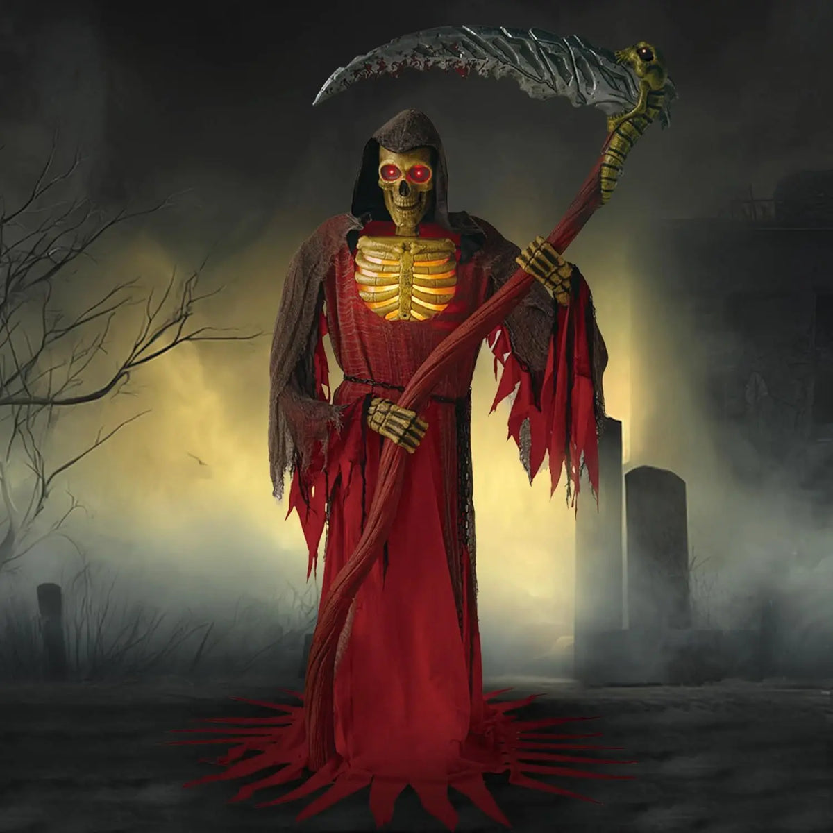 Animatronics Grim Reaper Halloween Skeleton Decor With Scythe And Sensor